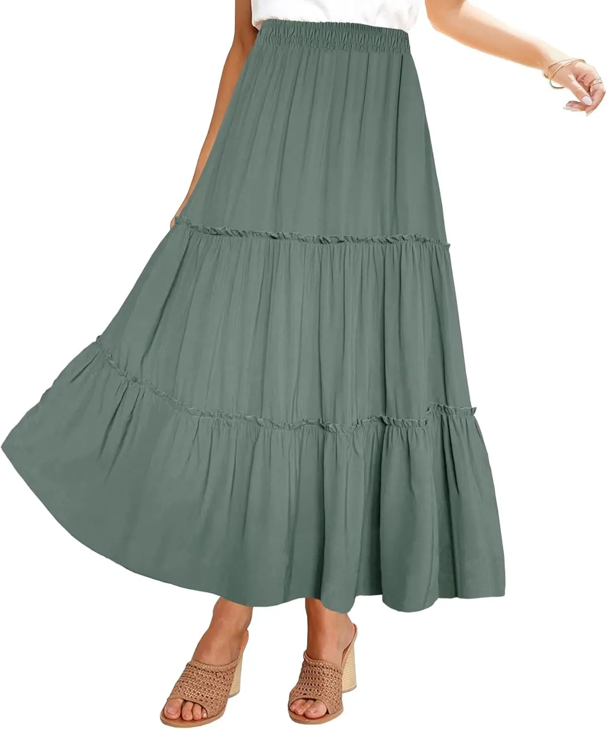 Afibi Womens High Waist A Line Ruffle Swing Long Maxi Skirt with Pockets
