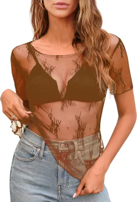 Aoulaydo lace Long Sleeve top for Women mesh Layering top Mock Neck Floral See Through Tops