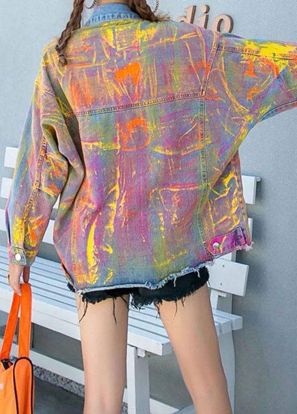 Art Yellow Graphic Zircon Nail Bead Patchwork Denim Coat Spring LY5255