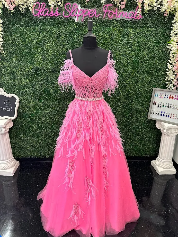 Ashley Lauren 11447 Size 4 Pink Long off the shoulder Feather Ball Gown Prom Dress Lace Corset Formal