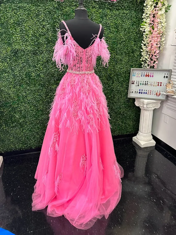 Ashley Lauren 11447 Size 4 Pink Long off the shoulder Feather Ball Gown Prom Dress Lace Corset Formal