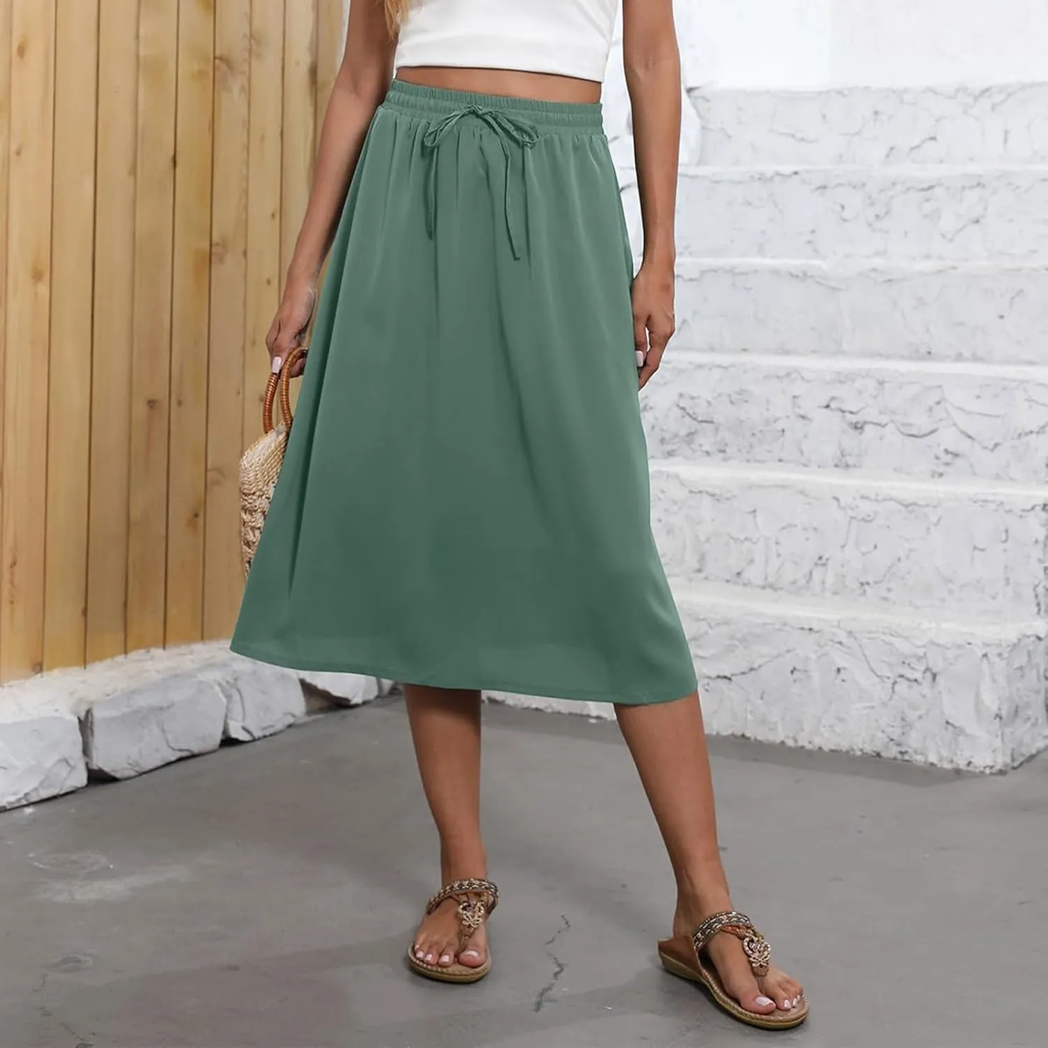 Boho Midi Skirts for Women Summer Drawstring High Waisted Skirt Knee Length A-Line Loose Skirts for Work with Pockets
