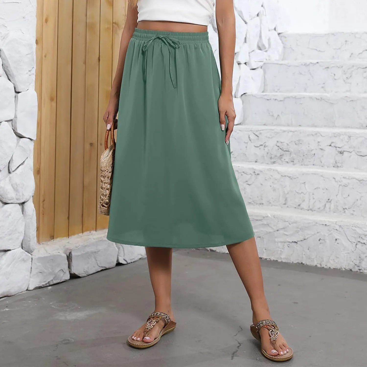 Boho Midi Skirts for Women Summer Drawstring High Waisted Skirt Knee Length A-Line Loose Skirts for Work with Pockets
