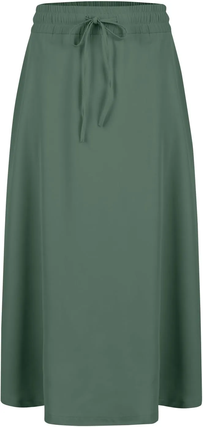 Boho Midi Skirts for Women Summer Drawstring High Waisted Skirt Knee Length A-Line Loose Skirts for Work with Pockets