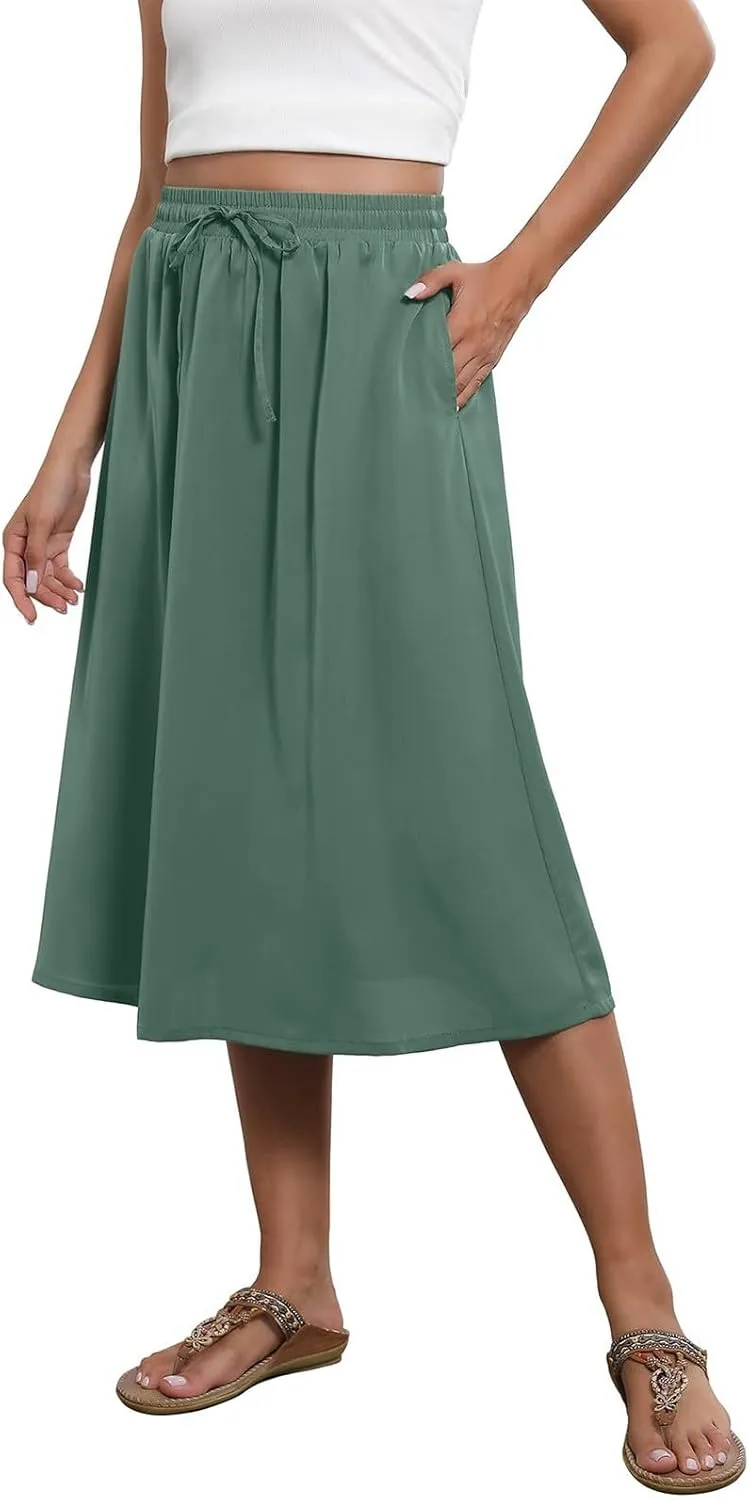 Boho Midi Skirts for Women Summer Drawstring High Waisted Skirt Knee Length A-Line Loose Skirts for Work with Pockets