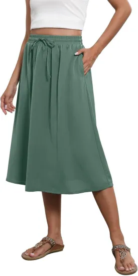 Boho Midi Skirts for Women Summer Drawstring High Waisted Skirt Knee Length A-Line Loose Skirts for Work with Pockets