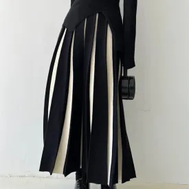 Casual Hit Color Knitted Skirts For Women High Waist Patchwork Folds Vintage A Line Skirt Female Fashion Clothes