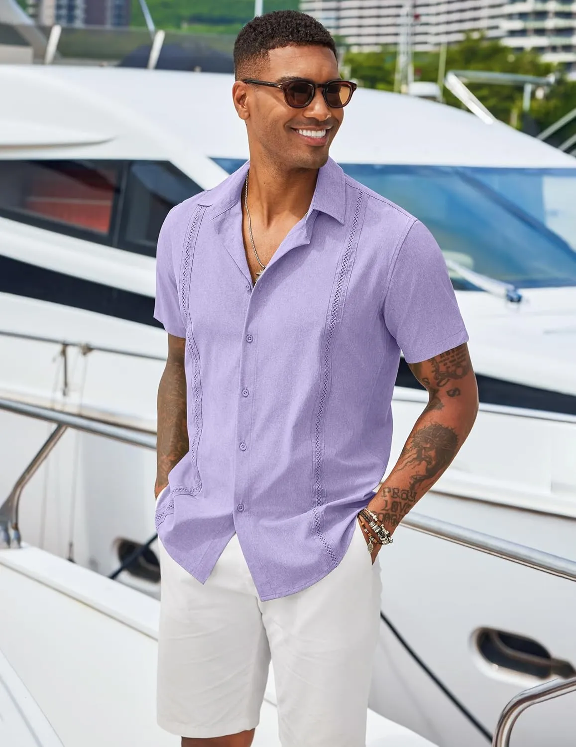 COOFANDY Men's Cuban Guayabera Shirts Casual Short Sleeve Button Down Shirt Summer Beach Vacation Shirt