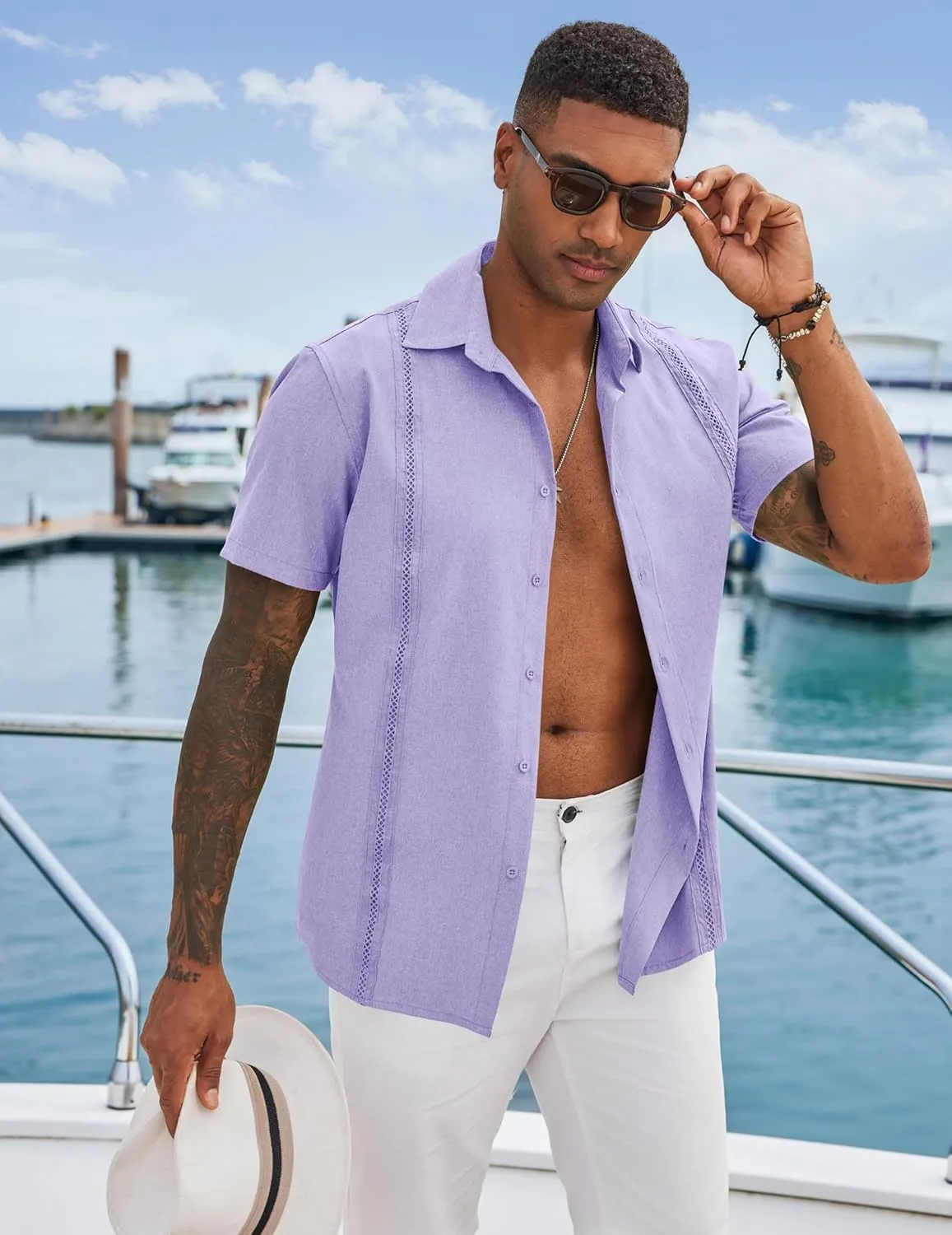 COOFANDY Men's Cuban Guayabera Shirts Casual Short Sleeve Button Down Shirt Summer Beach Vacation Shirt