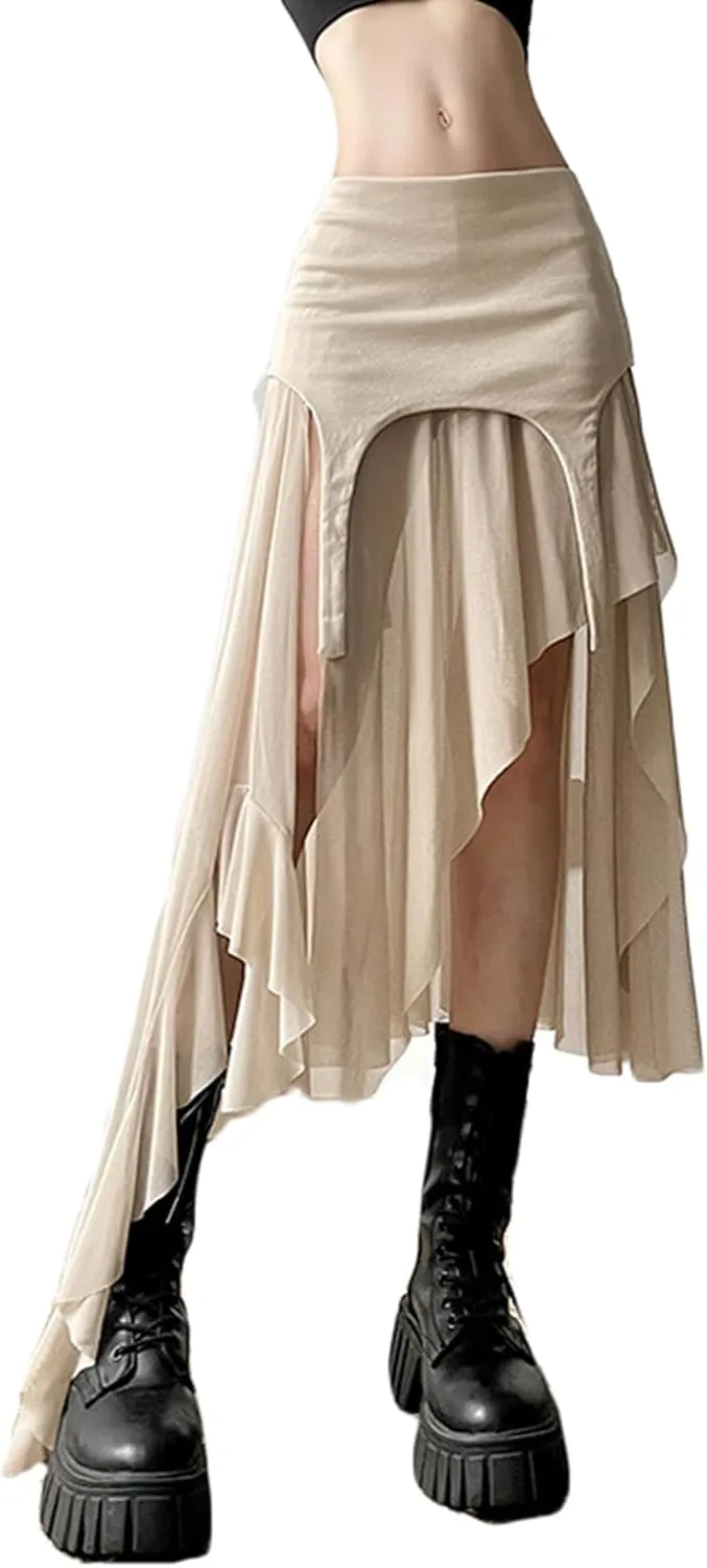 CORIRESHA Women's Asymmetrical Hem Hip Tight A-line Sheer Midi Skirt