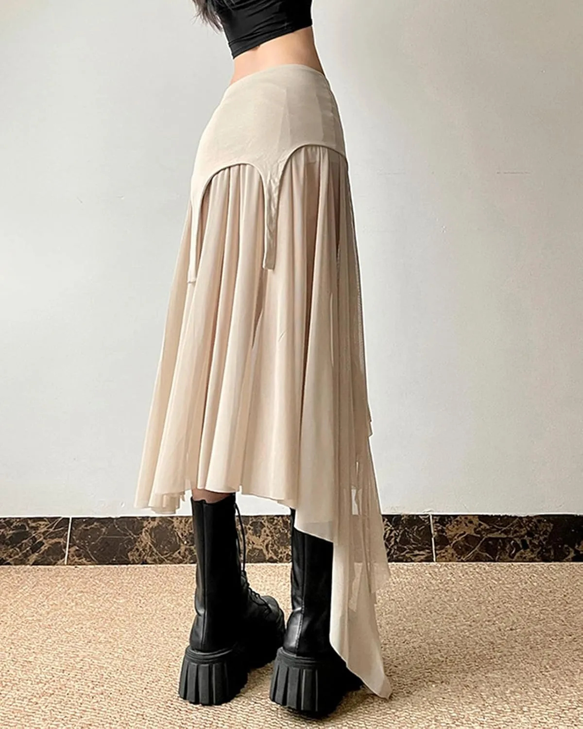 CORIRESHA Women's Asymmetrical Hem Hip Tight A-line Sheer Midi Skirt