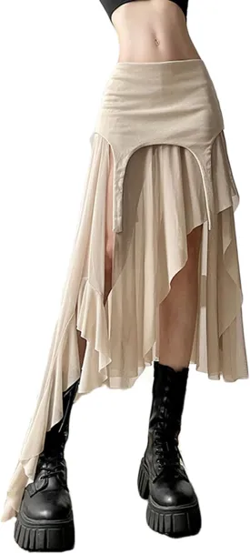 CORIRESHA Women's Asymmetrical Hem Hip Tight A-line Sheer Midi Skirt