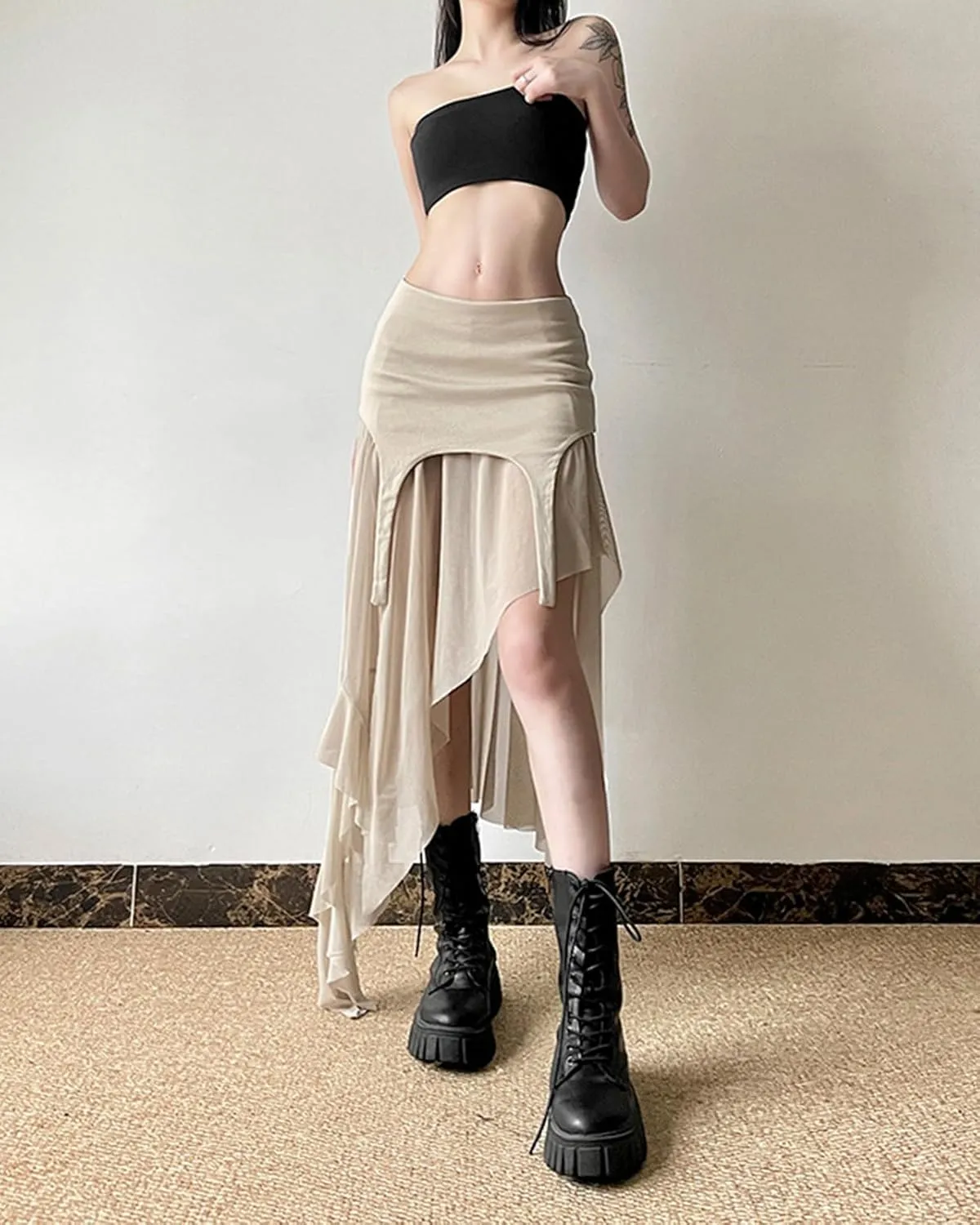 CORIRESHA Women's Asymmetrical Hem Hip Tight A-line Sheer Midi Skirt