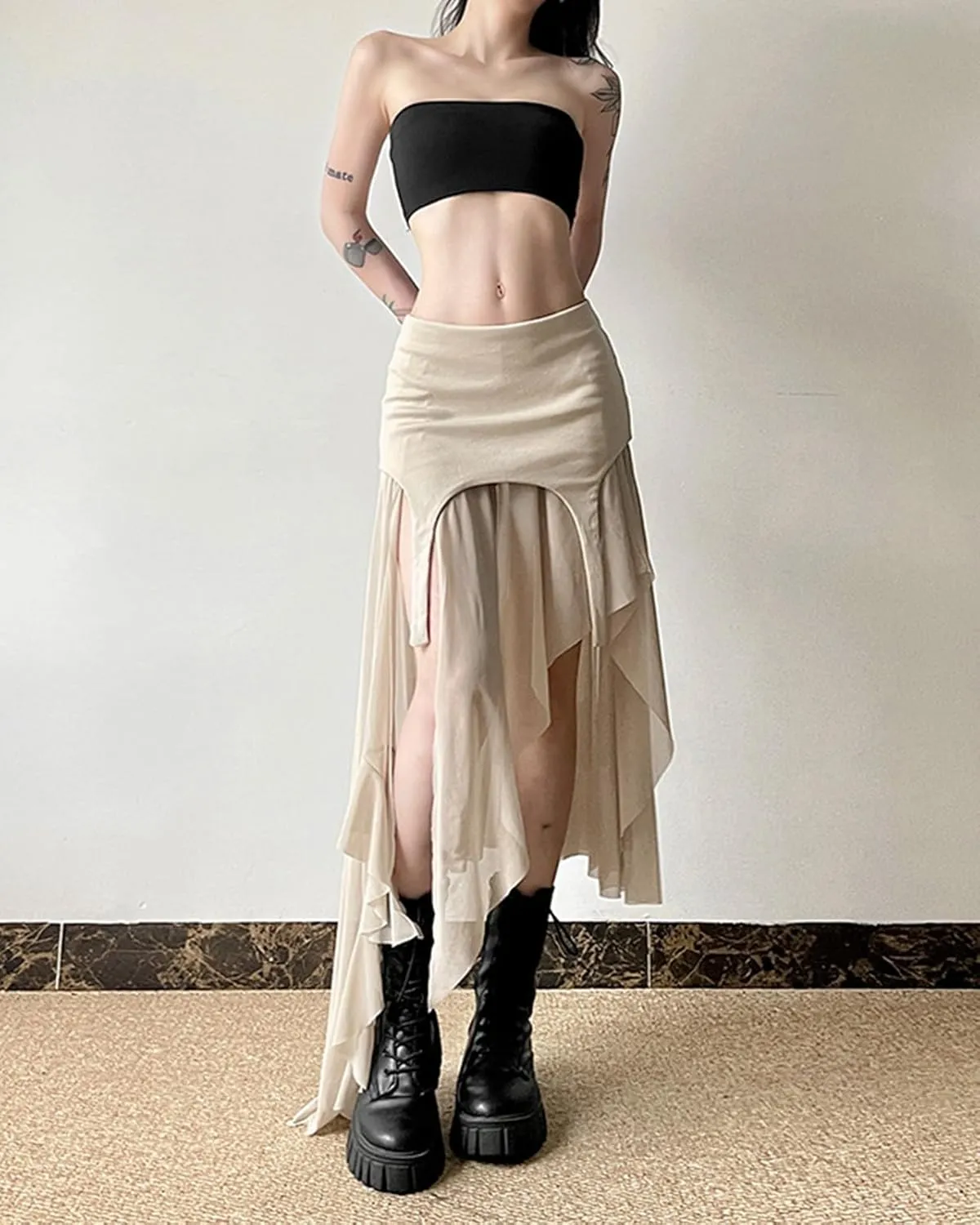 CORIRESHA Women's Asymmetrical Hem Hip Tight A-line Sheer Midi Skirt