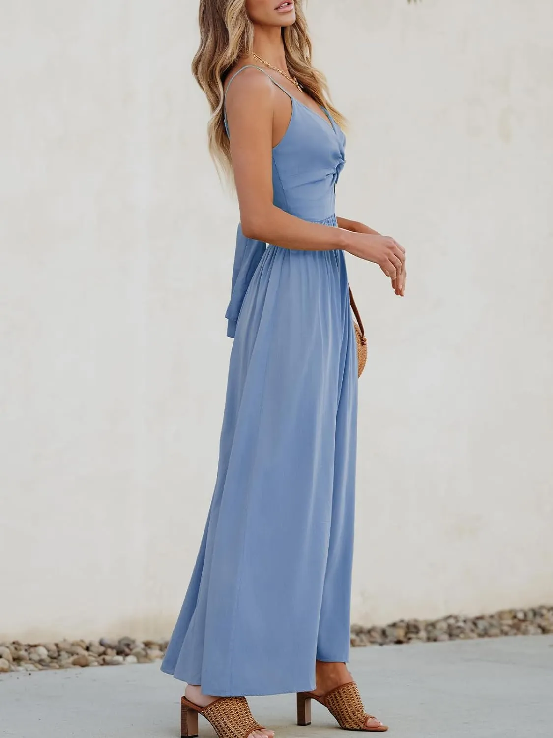 CUPSHE Women Casual Dress Beach Sleeveless V Neck Summer Cutout Spaghetti Straps Formal Maxi Sun Dresses