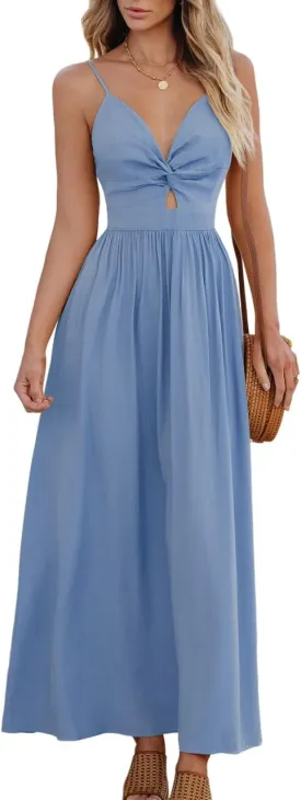 CUPSHE Women Casual Dress Beach Sleeveless V Neck Summer Cutout Spaghetti Straps Formal Maxi Sun Dresses