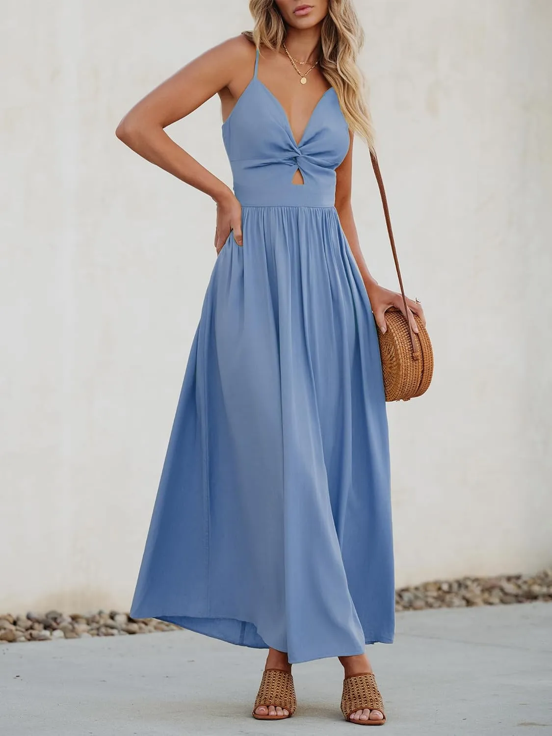 CUPSHE Women Casual Dress Beach Sleeveless V Neck Summer Cutout Spaghetti Straps Formal Maxi Sun Dresses