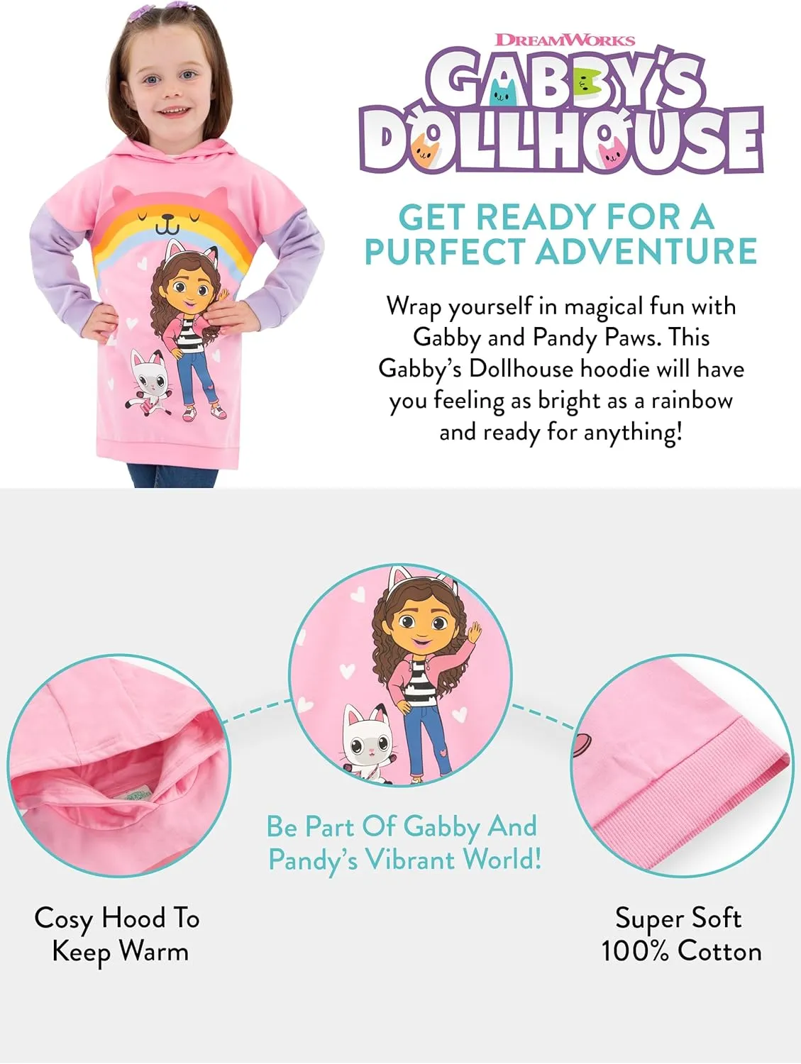 DreamWorks Gabbys Dollhouse Girls Hoodie | Pandy Paws Long Hoodie | Gabbys Dollhouse Clothes | Pink 7