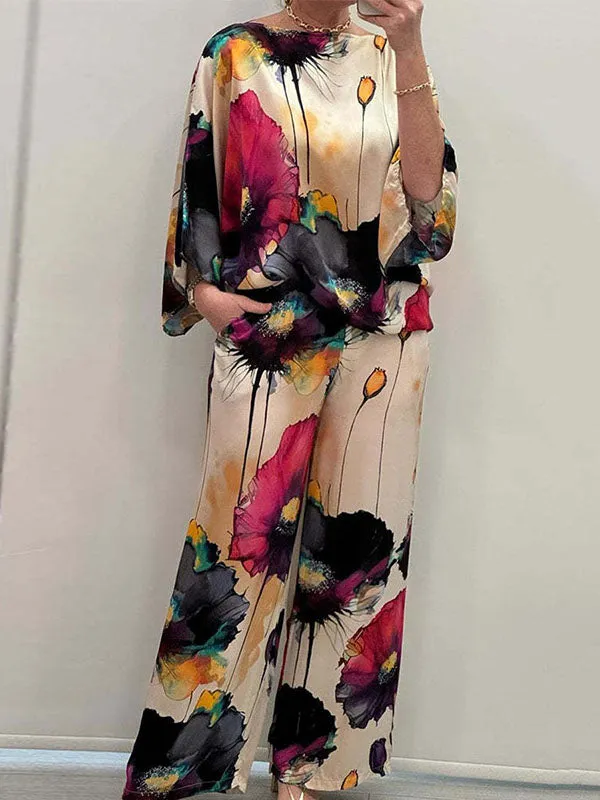 Elasticity Printed High Waisted Loose Trousers Pants