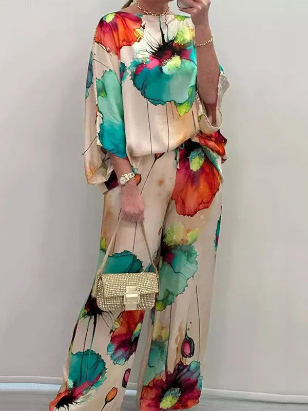 Elasticity Printed High Waisted Loose Trousers Pants