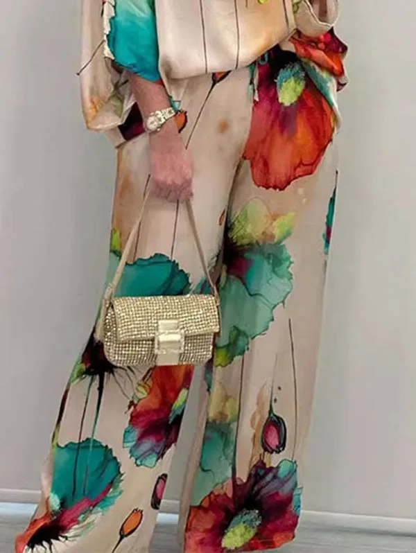 Elasticity Printed High Waisted Loose Trousers Pants