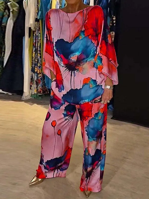 Elasticity Printed High Waisted Loose Trousers Pants