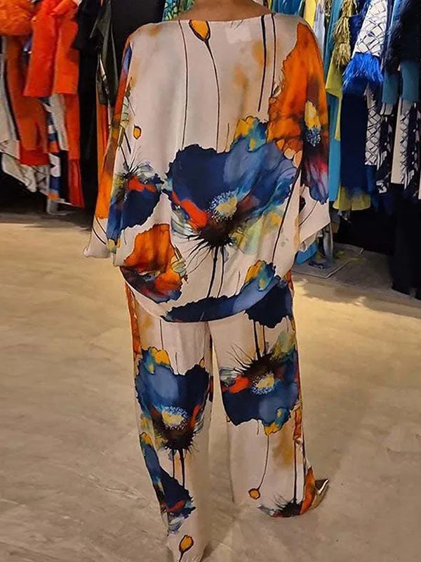 Elasticity Printed High Waisted Loose Trousers Pants