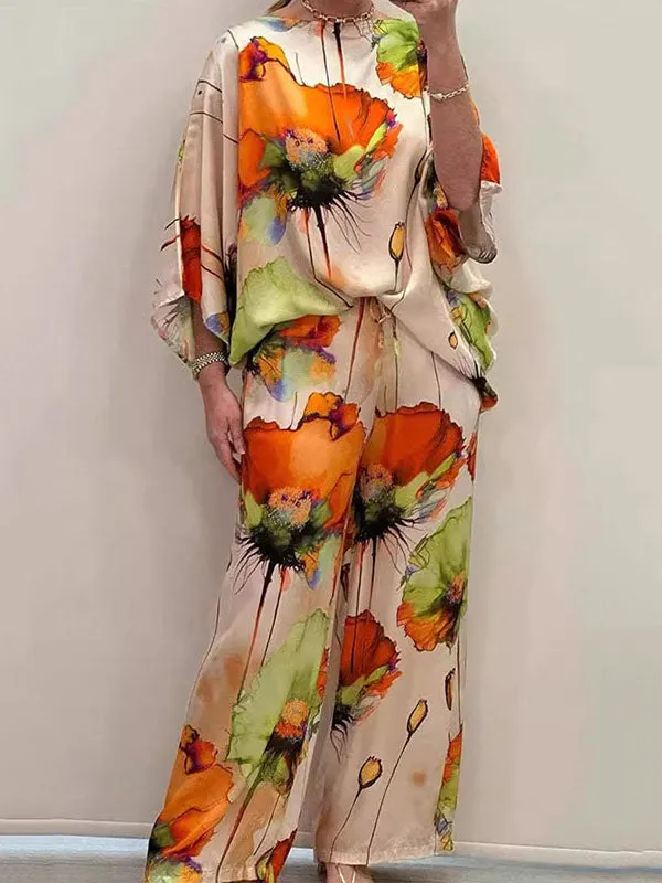 Elasticity Printed High Waisted Loose Trousers Pants