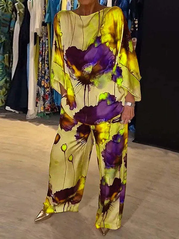 Elasticity Printed High Waisted Loose Trousers Pants
