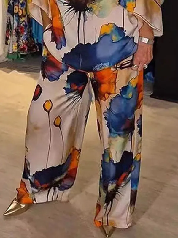 Elasticity Printed High Waisted Loose Trousers Pants