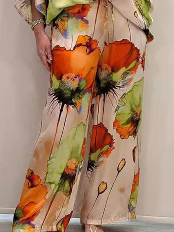 Elasticity Printed High Waisted Loose Trousers Pants
