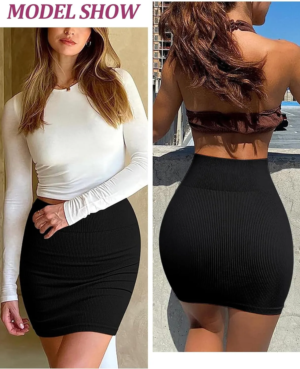 FEOYA Bodycon Mini Pencil Skirt for Women High Waisted Ribbed Tight Skirt Knitted Skirt Pack of 2 Skirt