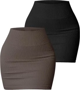 FEOYA Bodycon Mini Pencil Skirt for Women High Waisted Ribbed Tight Skirt Knitted Skirt Pack of 2 Skirt