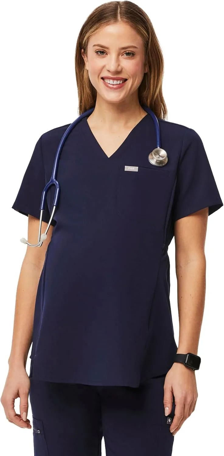 FIGS Octavia Maternity Scrub Top for Women  V-Neck, One Pocket, Curved High-Low Hem, 4-Way Stretch Women's Scrub Top