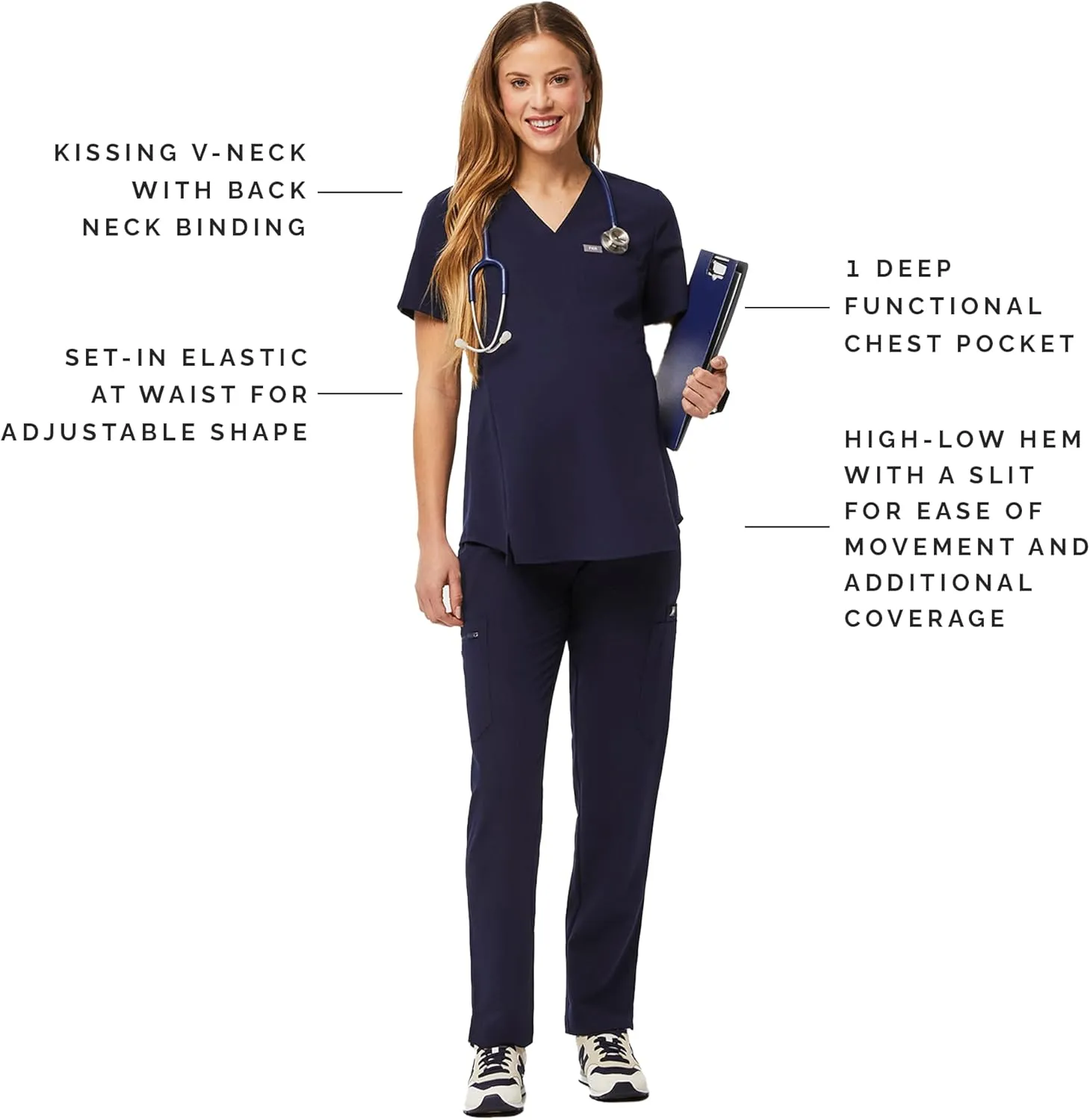FIGS Octavia Maternity Scrub Top for Women  V-Neck, One Pocket, Curved High-Low Hem, 4-Way Stretch Women's Scrub Top
