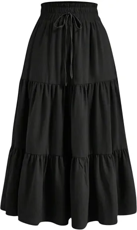 Floral Maxi Skirt for Women Flowy High Waisted Drawstring Ruffle Hem Skort Summer Trendy A-Line Vacation Beach Skirt