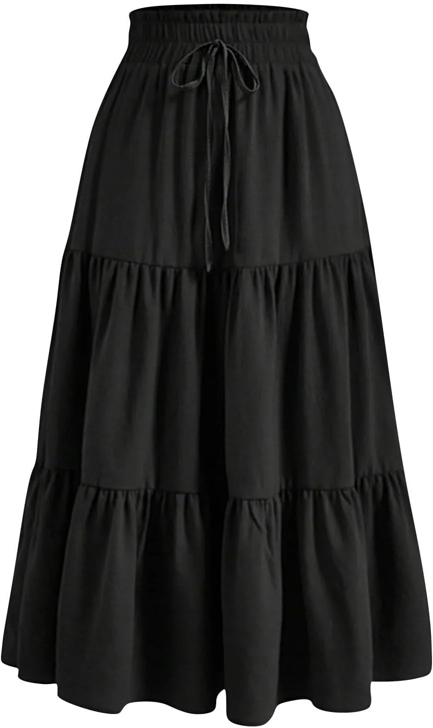 Floral Maxi Skirt for Women Flowy High Waisted Drawstring Ruffle Hem Skort Summer Trendy A-Line Vacation Beach Skirt