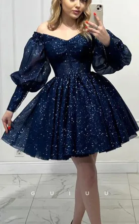 GH729 - Elegant & Luxurious Off-Shoulder Glitter A-Line Short Homecoming Dress