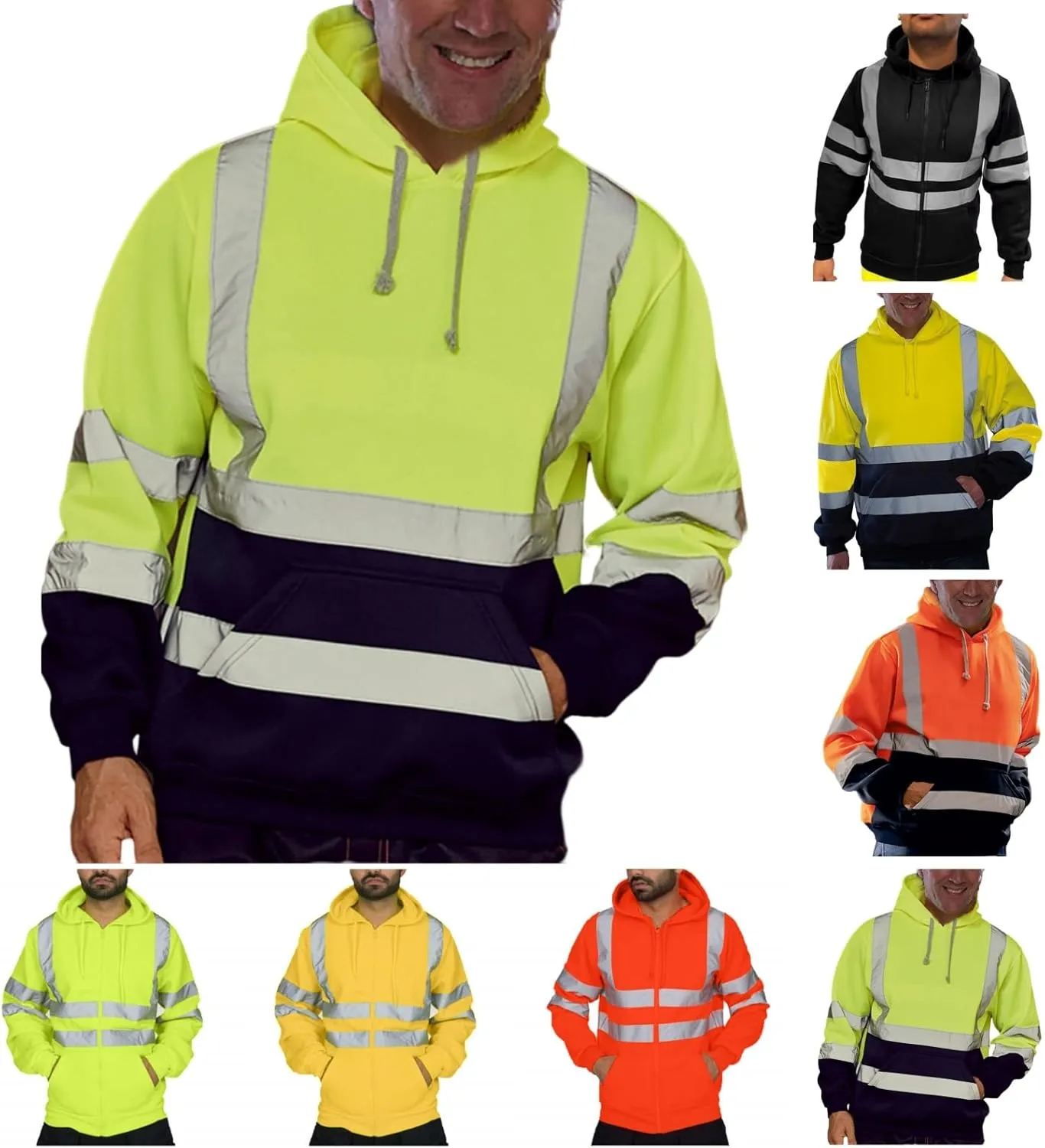 High Visibility Safety Sweatshirt Jackets for Men Class 3 Reflection Safety Hoodies Hi Vis Jackets Zip Hooded Pullover
