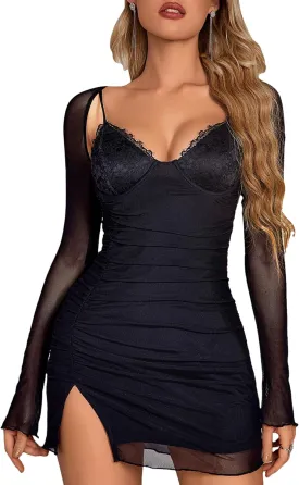 HTZMO Women Sexy Long Sleeve Mini Dress V Neck Bodycon Ruched Club Party Going Out Dresses