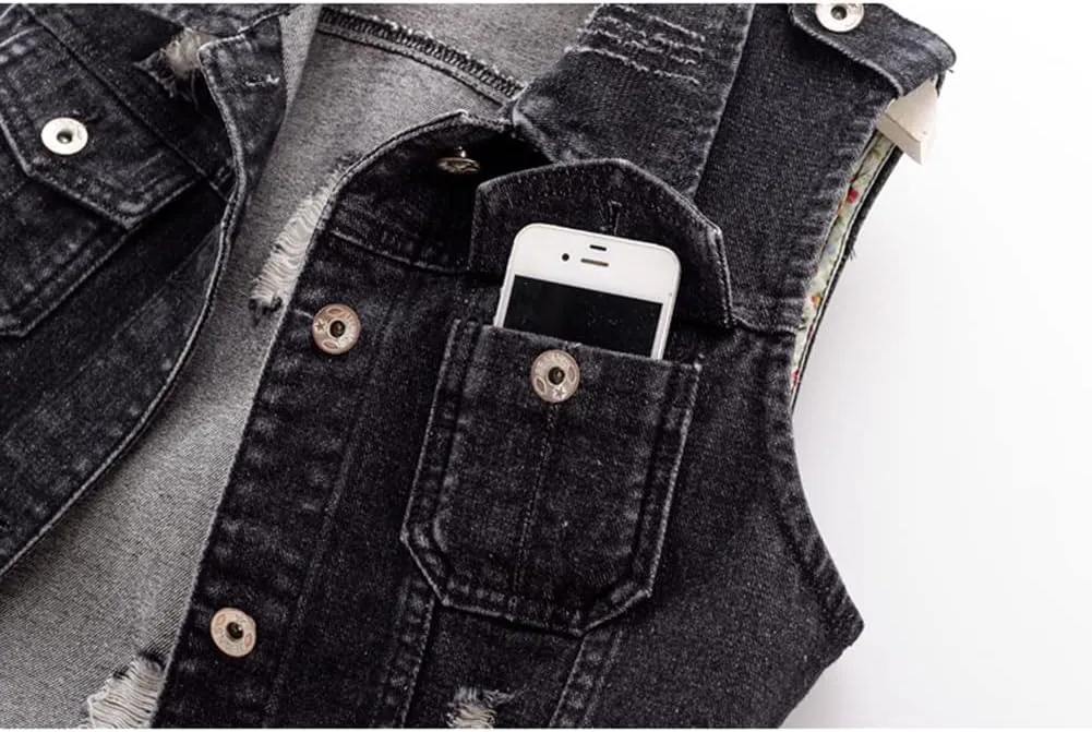 Kedera Womens Denim Jean Vest Classic Junior Button Up Cropped Distressed Sleeveless Jean Jacket