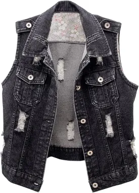 Kedera Womens Denim Jean Vest Classic Junior Button Up Cropped Distressed Sleeveless Jean Jacket