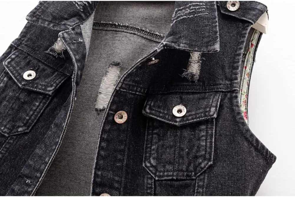 Kedera Womens Denim Jean Vest Classic Junior Button Up Cropped Distressed Sleeveless Jean Jacket