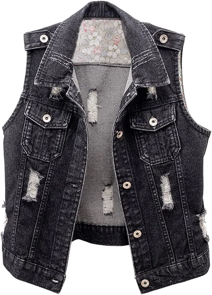 Kedera Womens Denim Jean Vest Classic Junior Button Up Cropped Distressed Sleeveless Jean Jacket