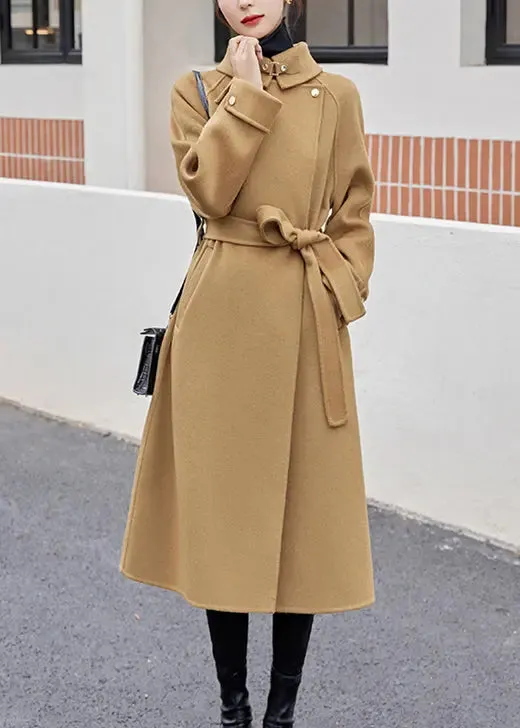 Khaki Tie Waist Patchwork Cashmere Coat Sailor Collar Long Sleeve ML2743
