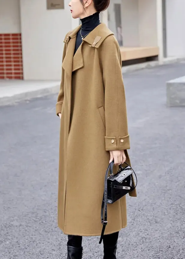 Khaki Tie Waist Patchwork Cashmere Coat Sailor Collar Long Sleeve ML2743