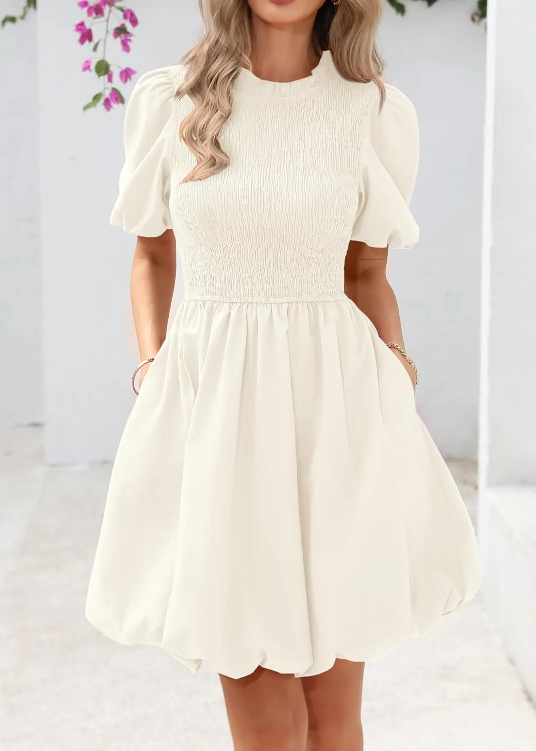 KIRUNDO Womens Summer Smocked Mini Dress 2025 Spring Puff Short Sleeve Boho Ruffle Crewneck Bubble A Line Short Dresses