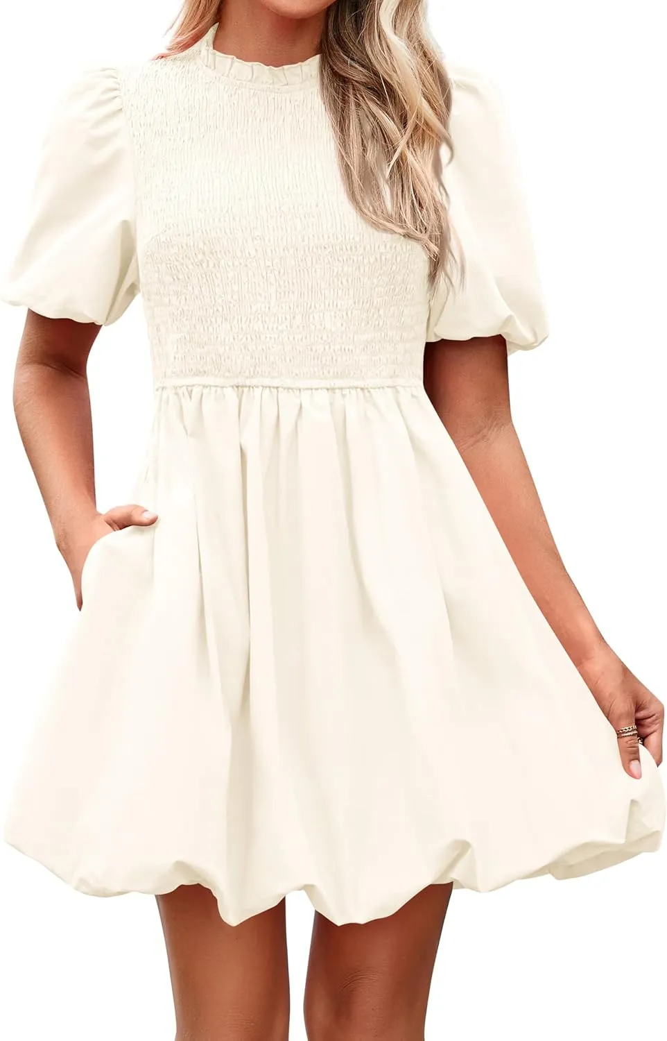 KIRUNDO Womens Summer Smocked Mini Dress 2025 Spring Puff Short Sleeve Boho Ruffle Crewneck Bubble A Line Short Dresses