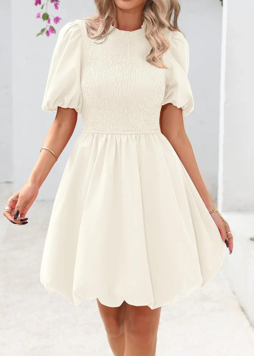 KIRUNDO Womens Summer Smocked Mini Dress 2025 Spring Puff Short Sleeve Boho Ruffle Crewneck Bubble A Line Short Dresses