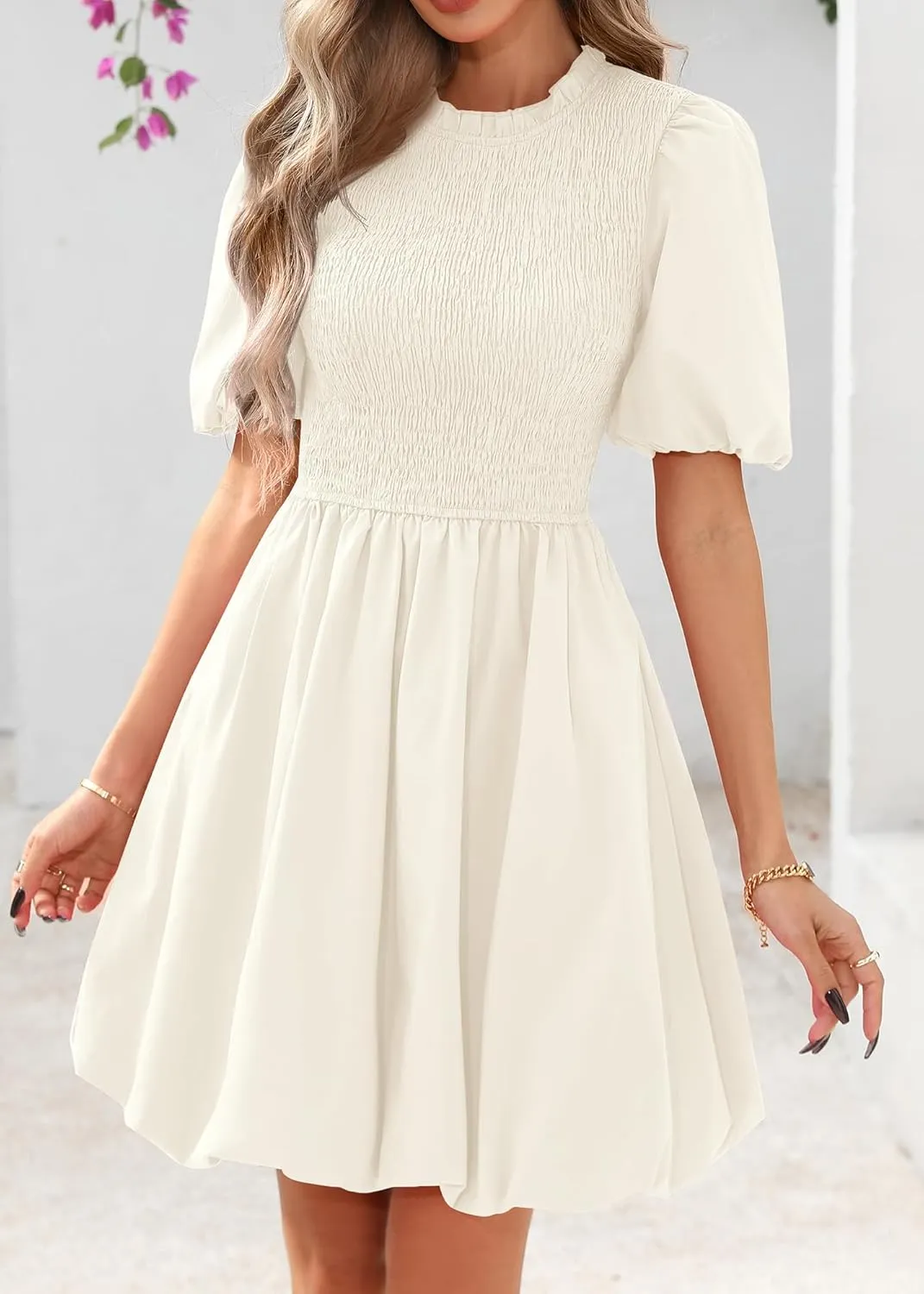 KIRUNDO Womens Summer Smocked Mini Dress 2025 Spring Puff Short Sleeve Boho Ruffle Crewneck Bubble A Line Short Dresses